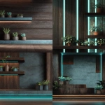 **ultra realistic background design with dark brown wood and stone materials like it's modern flat house room wall with flat surfaces and shelf edges. There are some house plants. There are turquoise gorizontal and vertical neon stripe lines on the photo providing soft lighting. 4k quality --ar 3:4 --v 7.0** - <@666660616144027648> (fast)
