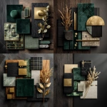 **materials board for modern art deco interior design with forest green velvet, black wood, gold metal, tile, silk, wall paint, dried plant** - <@961789810715009054> (fast)