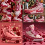 **custom designed air jordan 2 designed in a red and pink love theme. picture resolution should be hyper realistic. Show different angles of the shoe. The background should contrast with Valentine’s Day, decorations, hearts, and roses.** - <@917332670239895563> (fast)