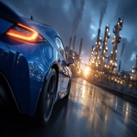 **A closeup of a blue sports car in motion pulling into an oil refinery with the refinery easily visible. make it epic blue lighting. epic sky at dusk. dark gradients cinematic --ar 3:2 --v 7.0** - Upscaled by <@1264975901624631358> (fast)