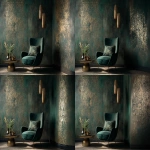 **Dark green and gold vintage wallpaper with a metallic sheen, intricate patterns, and a luxurious feel, set in a dark room. An elegant armchair and coffee table sit in front of the wall, with soft lighting casting gentle shadows on the textured surface. --v 7.0 --ar 3:2** - Pan Right by <@1313000520759377972> (fast)