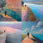 **rich pastel colors composition / of a man / walking on a path / near an expansive body of water** - <@1080572898269466724> (fast)