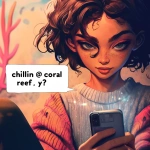 **a zoomer is texting on their phone. superimposed on the photo is an iphone-style speech bubble saying "chillin @ coral reef rn. y?" --niji 6 --p 3w8nu5g --s 51 --no orange, facing viewer** - Image #4 <@926596241574461530>