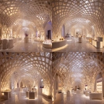 **A perfume exhibition of 6 brands, in a lattice structure of curved ceilling walls, a central light display, one brand is about sweets, one is about wood, one is about florals, one is about old letters, one is about arabic architecture, one is about a scent lab, one is about sleek sernity, how to display all of these in a buisness to buisness eye catching exhibition effect, white colour and marble, warm lighting** - Variations (Strong) by <@738838021331484804> (fast)
