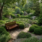 **backyard memorial garden with mahogany bench, small labyrinth, well landscaped, open landscape --s 750 --v 7.0** - Image #3 <@1007106543935823902>