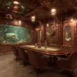**10-Persons restaurant room interior space rendering. Steam Reef fortress (Steampunk Ocean Style). Theme is Victorian-era deep-sea mechanical city. Copper pipe-clad ceilings with gear-embedded walls with riveted iron partitions. Rising brass diving helmet aquarium (with coral & clownfish) at table center. 10-seater gear-rotating table, boiler valve backed leather chairs. Pressure gauge-style thermostat, steam valve door handles. Switchable frosted/clear windows simulating submarine portholes . high detail, hyper quality,high resolution.** - Image #2 <@1071797316660506746>