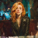 **a painted portait of a young woman with strawberry blonde hair. She is smart and witty but naive. She is wearing an expensive designer leather jacket. The background is of a club or bar.** - Image #4 <@705576913632100503>