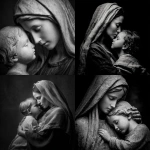 **mother Mary holding young Jesus embracing. Jesus looking up to mother Mary black and white photography --v 7.0** - <@819073620625981460> (fast)