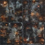 **top-down view of a large, ash-streaked warehouse interior inspired by the Mistborn Final Empire, mostly open layout with tall soot-covered metal shelves and scattered supply crates, worn stone and metal floors layered with ash, one wall features a glowing red alarm rune device, dim lanterns casting harsh shadows, a few enclosed rooms like a foreman's office or hidden storage, industrial gothic design, ideal for Allomancer combat with anchor points and cover, moody oppressive tone, detailed grid-friendly battle map for tabletop RPGs, 2D isometric style --v 6.0 --ar 1:1 --raw** - Variations (Strong) by <@398622100233125890> (fast)