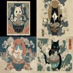 **Ukiyo-e Japanese woodblock print style, portrait composition, centered charming cat eating a bowl of ramen noodles, Edo period illustration influence, bold clean ink outlines, flat layered colors, limited traditional Japanese palette, stylized steam rising vertically, decorative wave and cloud motifs framing the subject, washi paper texture, subtle grain, vintage woodblock aesthetic, high contrast, clean silhouette for apparel design, no background clutter, t-shirt graphic ready --ar 16:9** - <@409716268476923920> (fast)
-# Create, explore, and organize on [midjourney.com](<https://midjourney.com/imagine?from_discord=1>)