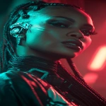 **realistic cyberpunk black female, at night, with neon lights in the background, red and turquoise. Strong light from above, on the face. High contrast. The female is looking towards the camera 3/4 view, she has braids, glowing eye cyber gear and an ear piece --ar 9:16** - Image #3 <@1174469651695144981>