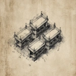 **instructional illustration, detailed black and white engraving, clean style as in a training manual, depicting four identical tables set up in a gaming room, fine linework, printed on aged parchment, no color, historical authenticity, high contrast --ar 3:2** - Image #1 <@806727373508706334>