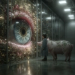 **cinematic. In a futuristic server room, a pig man looks closely at a single iris that has bloomed within a crack in a server. He is puzzled. Prophetic iris --s 750 --v 7.0** - Image #1 <@974789918188535848>