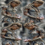 **The Zulu priestess stands among the ancient ruins. Her fingertips crackle with lightning as she summons the powers of the gods. Muscles visibly strained, it is almost more than she can bear, but she is determined. Though her teeth are gritted, her expression is resolute. --ar 1:2 --s 750** - Variations (Strong) by <@344228814332887040> (fast)