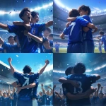 **Young Japanese male soccer player celebrating after scoring, plain solid blue jersey with no logos or brands, only a white back number, hugging teammates, modern stadium full of cheering fans, bright lights, sweat and determination on faces, cinematic atmosphere, realistic style, wide shot, no goalposts --niji 6** - <@1212945075831836692> (relaxed)