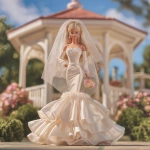 **a 1980’s Barbie doll in a wedding gown of satin and chiffon. The dress is mermaid style. The veil is simple and feminine. In the background is a beautiful gazebo. Ultra realistic, highly detailed, photorealistic. HD --v 7.0** - Upscaled by <@1327691479602298971> (relaxed, stealth)
