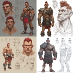 **Character design sheet. Realistic 3d rendering. Character design sheet of a ruggedly handsome, Hyper muscular handsome half orc, bodybuilder, bright silver eyes, short curly red Mohawk, short pointed ears, defined muscles, Huge leg muscles, huge pectoral muscles, big arm muscles, vascular hyper muscular, wide Grecian nose, strong square jaw, defined cheek bones, masculine features, freckles, Bodybuilder, short pointed ears, wearing Roman gladiator armor. --v 7.0** - <@1222981214734913607> (relaxed)
