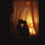 **A romantic couple sharing an intimate moment behind soft golden curtains, warmly lit by a cozy floor lamp, wrapped together in a blanket, silhouetted gently, dreamy and tender atmosphere, early morning or twilight glow, peaceful indoor setting, shallow depth of field, cinematic lighting, vintage color grading, 35mm film style, subtle grain, emotional storytelling, soft focus, style cinematic** - Image #2 <@1331627685406965792>