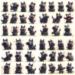 **a cute Scottish Terrier character emotion sheet, featuring 12 different emotional expressions and poses in a grid layout: happy, sad, angry, surprised, in love, sleepy, laughing, embarrassed, kissing, waving, cheering, proud rounded body, short limbs, large flat tail in back view, chibi proportions, fluffy fur with natural shading, big expressive eyes, warm and soft painterly illustration style, hand-painted brush textures, gentle pastel tones, Disney Pixar animation style, warm and gentle lighting, consistent proportions, white background with subtle horizontal guide lines, high-resolution artwork suitab** - Variations (Strong) by <@872240455209857064> (fast)