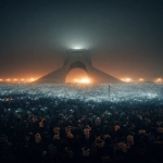 **A breathtaking cinematic night scene in Tehran. A massive, peaceful crowd surrounds the Azadi Tower in complete darkness. Thousands of people hold up their phones, creating a sea of warm white lights forming a perfect circle around the monument. The Azadi Tower stands in the center, monumental, softly illuminated, calm and timeless. No faces visible, only silhouettes unity over individuality. Atmosphere is silent, emotional, sacred, and powerful. Subtle mist in the air, deep shadows, dramatic contrast. Ultra-realistic photography, cinematic lighting, long exposure look, high detail. Shot from a high aerial perspective, epic scale. Mood: hope, resilience, quiet strength, goosebumps. --ar 9:16** - Image #1 <@1243161661557309564>