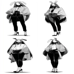 **A full-body black-and-white illustration in a vintage anime style. The person has long hair flowing down their back and is wearing an oversized shirt. Underneath, they are wearing tight dark-colored jeans and high heels. Their head is a rabbit robot. --ar 29:64 --v 7.0** - Variations (Strong) by <@852041915598635039> (fast)