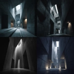 **a vast, brutalist concrete labyrinth with impossible Escher-like geometry, towering walls and endless corridors, a single soft light source from an unseen point in the sky, atmospheric, moody, cinematic, photorealistic --ar 16:9** - <@1090799901803286538> (fast)