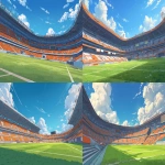 **a large soccer stadium, in the style of anime, on a bright day, in a cartoon style, with a wide-angle shot, high resolution, high level of detail, and high quality. the scene features a green grass field, a bright blue sky, orange seats, and white stripes on the pitch. --ar 16:9** - <@847316063481102406> (fast)