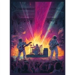 **award-winning concert poster in vibrant blacklist poster coloring, displaying a 4-piece rock band of astronauts jamming on a stage with an insane laser light show illuminating them and a frothing-at-the-mouth audience** - Image #4 <@539290812681551874>