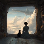 **a woman and her cat gazing out the window of the colony ship as it approaches Epsilon Aurigae, --v 7.0** - Image #1 <@639231094968942592>