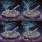**The disco cigarette is completely covered in glittering mirror mosaic sitting on an ashtray, cigarette is bedazzled in a mosaic of small mirrors, violet metallic wrap filter, ash tray is a mosaic of tiny mirrors, mirrored surface of cigarette, mirrored surface of ash tray, portrayal of rising wafting smoke and mirrors, background is glitter black anodized with contrast silver and purple glitter flake, intimate product ad photography style --weird 123 --chaos 66 --s 666 --exp 69 --v 7.0 --ar 2:3** - Variations (Subtle) by <@342505012569833472> (fast)