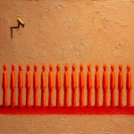 **The Panopticon, bad human storage facility, identical miniature orange figures in perfect rows, straight red line, surveillance, invisible prison, disguised CCTV cameras, impasto background, balanced composition, oil --ar 2:1 --raw** - Image #3 <@744210433703018499>