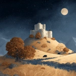 **scottish motte-and-bailey Castle on a hill with 4 highland catlle , new moon night with shining stars in autum** - Image #3 <@687598645855649848>