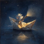 **A white folded paper boat sails through the night sky. In the boat is a silver-furred mouse wearing a folded paper cap and holding a silver sextant. The boat gives off a glowing aura. The background is a starry sky against a dark void. Ammonite amanita Highly realistic painting. --v 7.0** - Image #1 <@1071135204846096475>