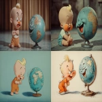 **a small angry baby with blond combover hair and orange makeup on the face is looking at a large dancing globe that is spinning and laughing at the baby, style of 1950s Warner Bros cartoon, --ar 5:3** - <@1062998643696750602> (fast)