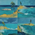 **an abstract painting of georgian bay, abstract waves crash onto the shore of a rock island with a single wind blown pine tree, paint mixed with streaks, muted and abstract forms --sref <https://s.mj.run/pPytsLEIUl0> --ar 3:2** - <@999895176619237436> (fast)