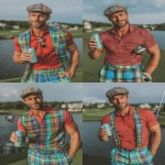 **Realistic photo of a 25-year-old Caucasian male golfer on a real golf course, wearing bold blue and green plaid pants, a red polo shirt, and a plaid newsboy cap. He’s smiling naturally. Holding a driver over his shoulder in one hand and a slim beverage can in his other hand. Realistic skin texture, light stubble, confident posture. Daylight, soft shadows, no filters. Candid style photo taken with a Canon EOS R5 and 85mm lens, shallow depth of field, natural color, no retouching. Looks like a professional lifestyle shoot for a golf brand ad. --v 7.0 --ar 3:4 --quality 2 --s 250 --no illustration, painting, fantasy, anime, 3d, cgi --raw** - Variations (Strong) by <@896806669613408316> (fast)