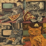 **imagine a serious cat poster portrait, gentle engraving style, western vintage poster style, a cat holding a big slice of pizza, tv and couch in background, hand drawn illustration, --ar 2:3 --v 6.0** - <@1344259986770886718> (fast)