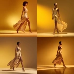 **A powerful fashion editorial image of a confident woman walking gracefully across a smooth, minimal golden-yellow gradient background. She wears a flowing, satin high-slit dress in champagne or ivory tones, paired with stylish high heels. The lighting is dramatic and cinematic, casting soft shadows on the ground. The setting is studio-lit, ultra-clean, with a fashion-forward, luxury tone. Shot in full-body, side profile, high resolution, editorial style, Vogue aesthetic.** - <@1323594991586770995> (relaxed)
