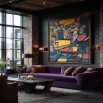 **a large framed figurative painting in the style of cubism by picasso, hanging on a dark wall above a modern purple velvet sofa in a contemporary hotel lobby. the lobby features dark wood and brick walls, large windows with a city view, moody lighting, and muted colors. this image appears to be an editorial photo shoot for architectural digest magazine, with a hyper-realistic aesthetic. --ar 9:16** - Image #3 <@1313000520759377972>