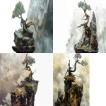 **<https://s.mj.run/BfWUQQplXLg> bonsai tree on a shallow tray, growing from a rugged rock wall, hanging over a cliff with clouds and mist, in the style of traditional Asian landscape painting, poetic and powerful atmosphere, ink wash style, soft lighting --ar 16:9 --v 6.0 --raw** - <@1357752820522029238> (fast)
