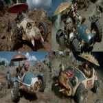 **alien funky dynamic vehicle with a bizarre metalic rusty parasol, racing on high speed on the moon's surface --ar 16:9 --p 6k624r2 --s 1000 --v 7.0** - <@1071437900610293863> (fast)