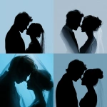 **elegant bride and groom silhouette. Romantic, on light blue background, veil, realistic, warm highlights, strong realism, loving** facial details** - <@1015760515127050260> (fast)