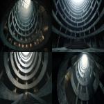 **dvd screengrab of the interior of a very tall, circular tower in an abandoned city, with numerous rows and columns, and concrete stairs leading to it. the tower was designed by tadao ando for the film blade runner 2049, directed by denis villeneuve. the scene was shot on a canon eos-5d mark iii camera using a macro lens, featuring cinematic, moody lighting, and showcasing photorealistic, hyper-realistic, award-winning cinematography, in the style of ridley scott. --ar 72:35** - <@554549579131912202> (fast)