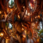 **viewing a treehouse from below through a fisheye lens, spiral staircase leading to cozy nooks filled with bobbles and books along each climbing branch, earthy tones with vibrant flora and fauna accents , opalescent lighting highlight the details at sunrise --chaos 33 --ar 3:2 --profile 4pt7v3r --v 7.0** - Remix (Strong) by <@493064547154919435> (fast)