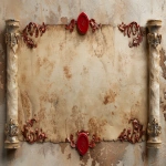 **Compact horizontal parchment scroll, aged cream paper with red baroque border details, small decorative corner elements, red wax seal accent, scroll ends curled at sides, Christmas workshop theme, centered with generous negative space on all sides, soft warm lighting, detailed paper texture, landscape format --ar 16:9 --v 6.0** - Image #3 <@1101284427277017178>