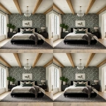 **a front shot of a bright and airy modern farmhouse-style bedroom with dark green floral wallpaper, black nightstands, glass ribbed globe pendant light, white oak beams and ceiling trim, a large black bed centred in the room, a grey accent wall, a black area rug on the floor, a neutral color palette, and a luxurious aesthetic, as seen in a home decor magazine editorial cover image. --raw --ar 4:5 --v 7.0** - Variations (Region) by <@1230559318680670299> (fast)