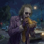 **Beetlejuice eating tenebrously bad and gross corn on the cob at a busy intersection during bohemian night out, no matter, bro got the munchies --p 9ss3njw** - Image #1 <@538878031226470440>