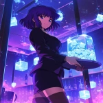 **Fuzzy 90s moe chibi kawaii Anime screengrab, A night club filled with smoke and mirrors that reflect the single beauty standing back a bit walking forward, it's a woman in a business jacket and a long pencil skirt, dark brown stockings, she's carrying a tray with a large pitcher of ice that has glistening blueish square cubes inside and condensation down the glass, her hair midnight blue with purple tips and short cut hair ending around the shoulders, confident smile, narrow squinting blue eyes, pencil thin black eyebrows flat --ar 6:7 --niji 6** - Image #1 <@372629349565988865>