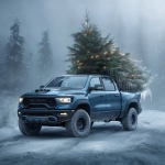 **Dodge Ram Rebel loaded with a tall Christmas tree in the bed, icicles forming along the edges, cold blue winter tones, stunning realism, crisp tire detail, cinematic holiday adventure scene. --v 7.0** - Upscaled by <@692393901872644097> (fast)