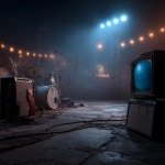 **Create a high-quality ultra-realistic photo background which is colour graded of a 1950s rock and roll concert. Have a large tv / screen on the right hand side near the edge of the picture which you can see the whole screen** - Image #2 <@1168106068602261574>